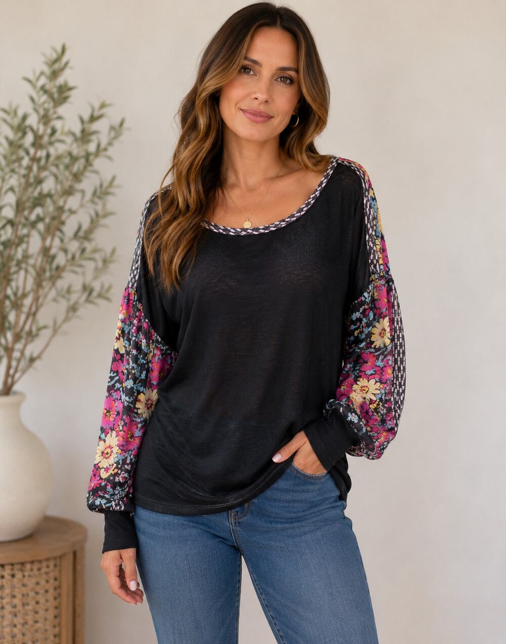 Anthropologie Tiny Floral Sleeve Mixed Print Boho Tunic Top Sheer Sleeves Large